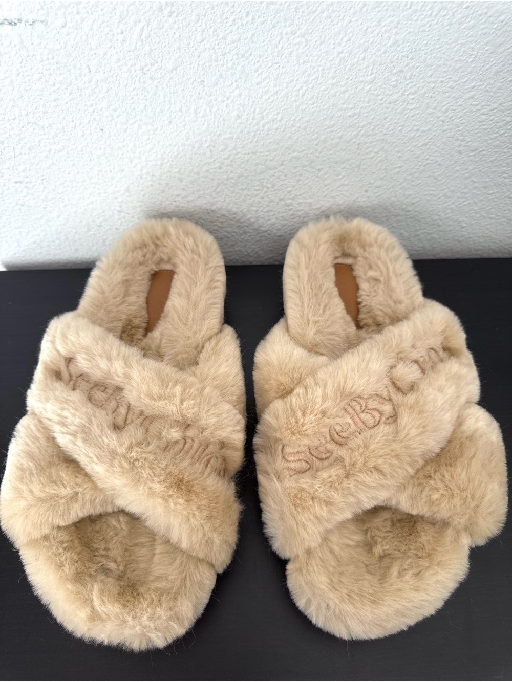 SEE BY CHLOÉ Bella Faux Fur Cross Band Slide Slippers